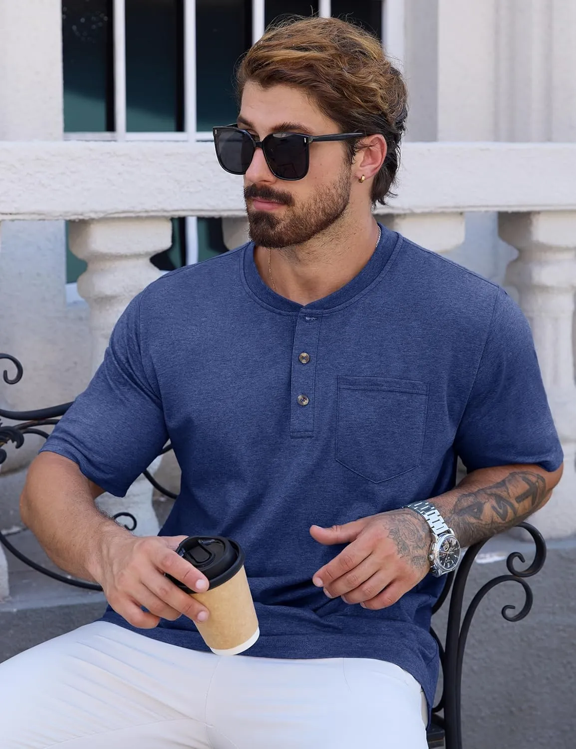 CRYSULLY Men's Henley Shirt Short Sleeve Cotton T-Shirts Pocket 3 Button Tops Lightweight Casual Basic Tee