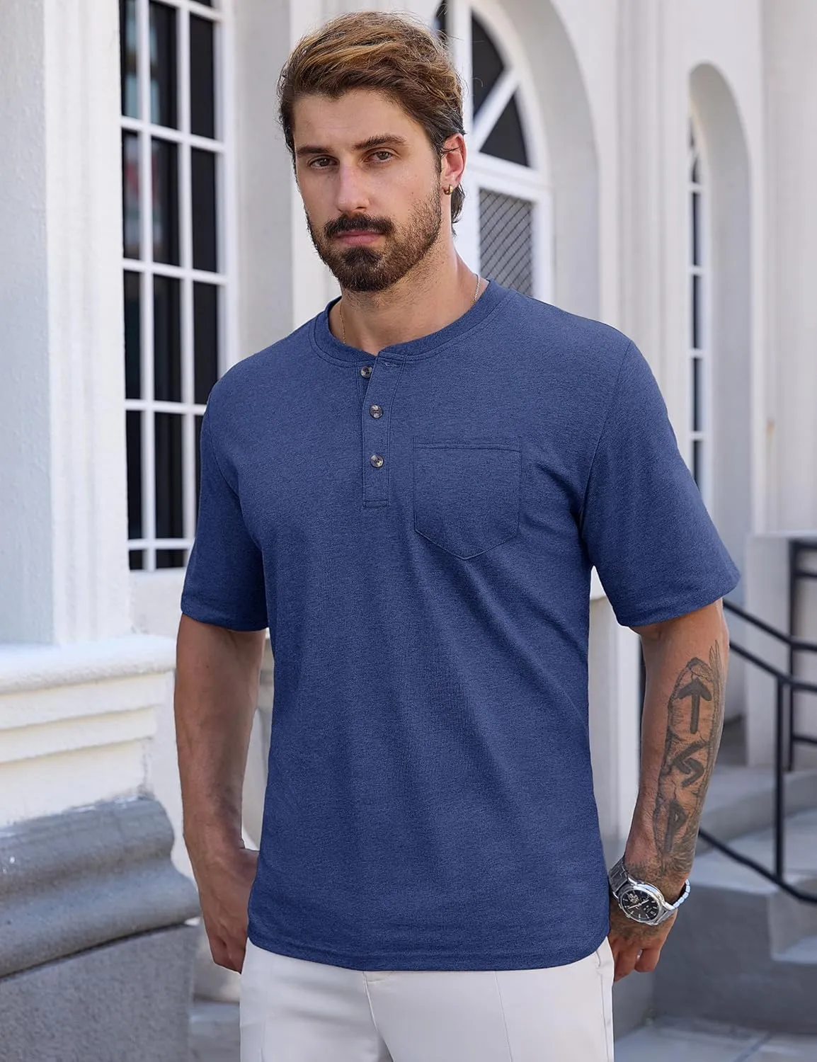 CRYSULLY Men's Henley Shirt Short Sleeve Cotton T-Shirts Pocket 3 Button Tops Lightweight Casual Basic Tee