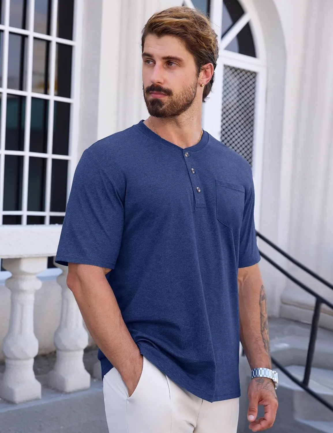CRYSULLY Men's Henley Shirt Short Sleeve Cotton T-Shirts Pocket 3 Button Tops Lightweight Casual Basic Tee