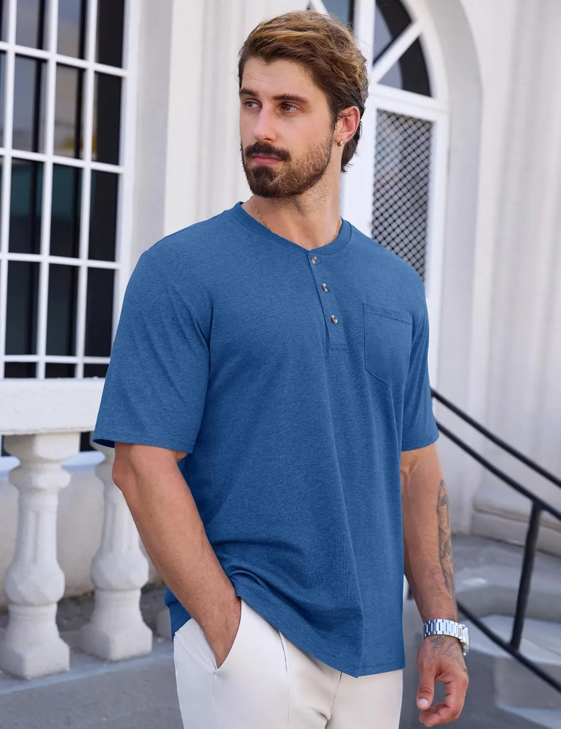 CRYSULLY Men's Henley Shirt Short Sleeve Cotton T-Shirts Pocket 3 Button Tops Lightweight Casual Basic Tee