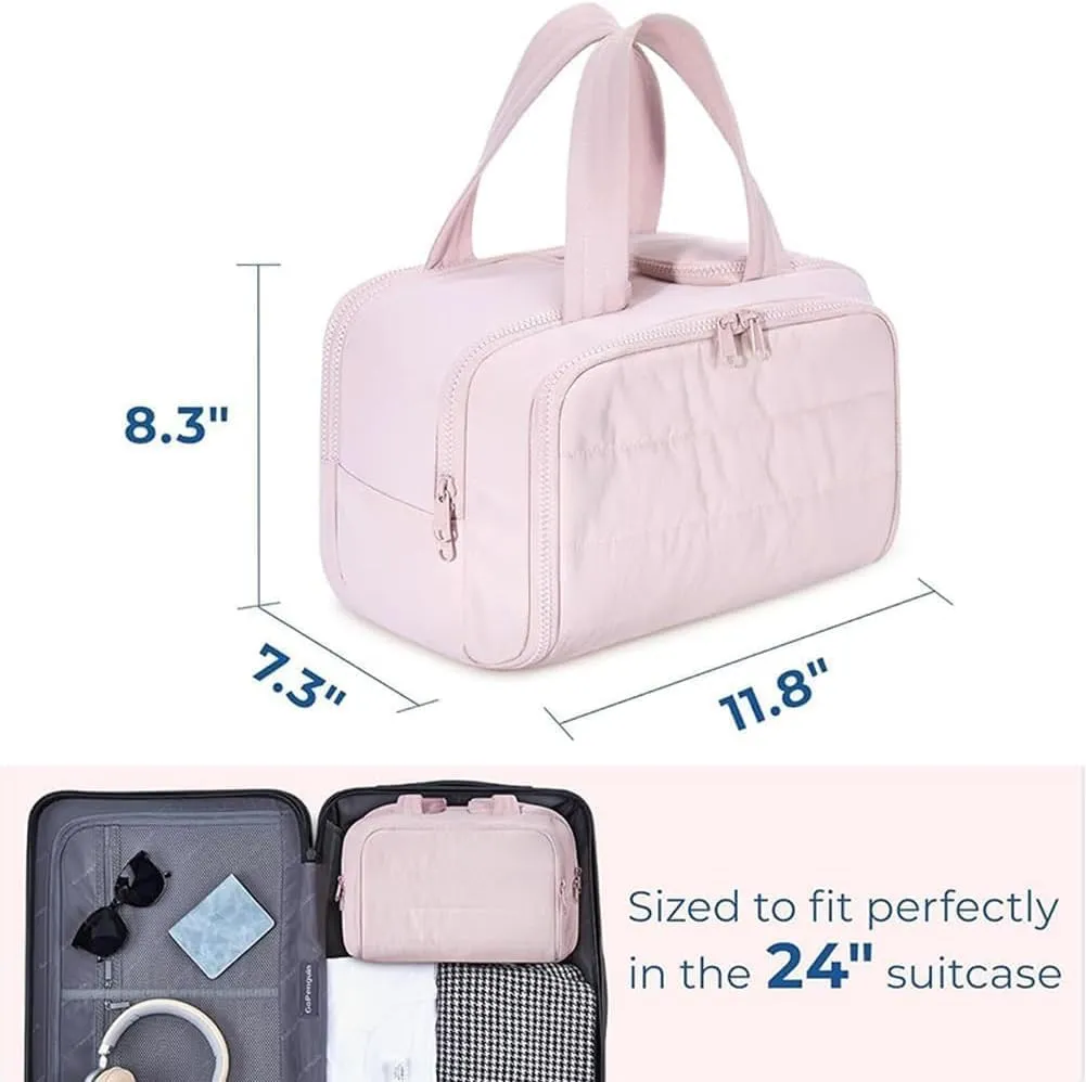 Cureaway Travel Cosmetic Bag, Cureaway Large Capacity Wide-Open Travel Cosmetic Bag, Waterproof Portable Pouch Open Flat Toiletry Bags, for Toiletries Storage (Beige)