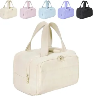 Cureaway Travel Cosmetic Bag, Cureaway Large Capacity Wide-Open Travel Cosmetic Bag, Waterproof Portable Pouch Open Flat Toiletry Bags, for Toiletries Storage (Beige)