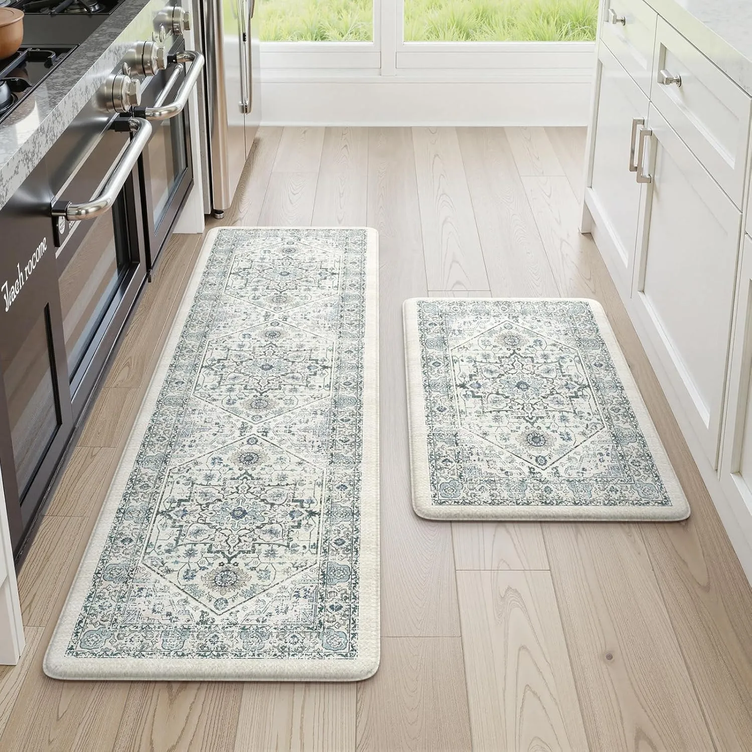 Cushioned Kitchen Floor Mats Anti Fatigue Kitchen Mat, Non-Slip Kitchen Rugs Sets of 2, Waterproof Comfort Standing Mats for Laundry Office 17.3"x29" 17.3"x59"(Light Blue)