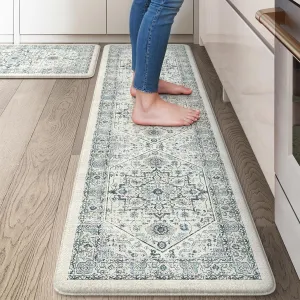 Cushioned Kitchen Floor Mats Anti Fatigue Kitchen Mat, Non-Slip Kitchen Rugs Sets of 2, Waterproof Comfort Standing Mats for Laundry Office 17.3"x29" 17.3"x59"(Light Blue)