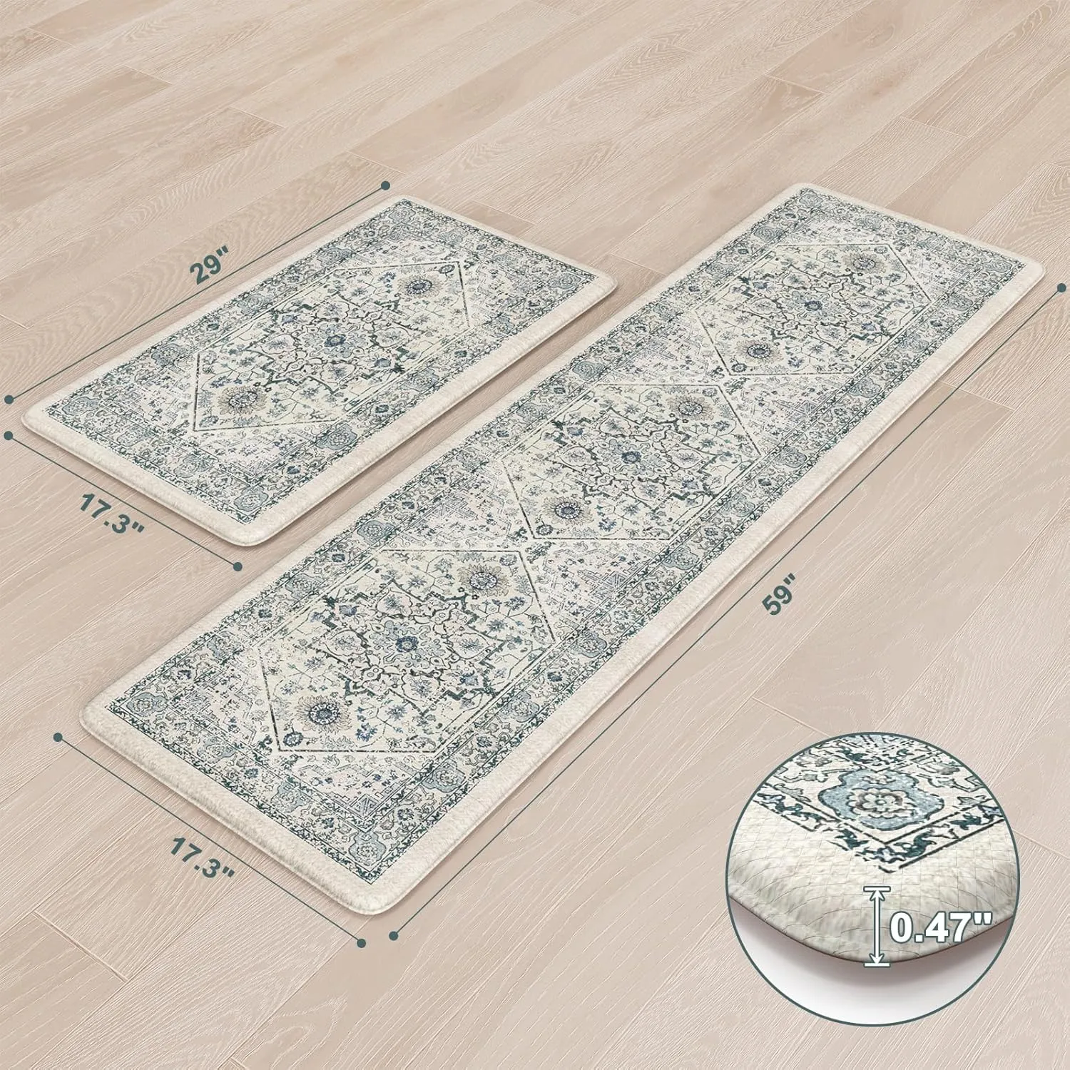 Cushioned Kitchen Floor Mats Anti Fatigue Kitchen Mat, Non-Slip Kitchen Rugs Sets of 2, Waterproof Comfort Standing Mats for Laundry Office 17.3"x29" 17.3"x59"(Light Blue)