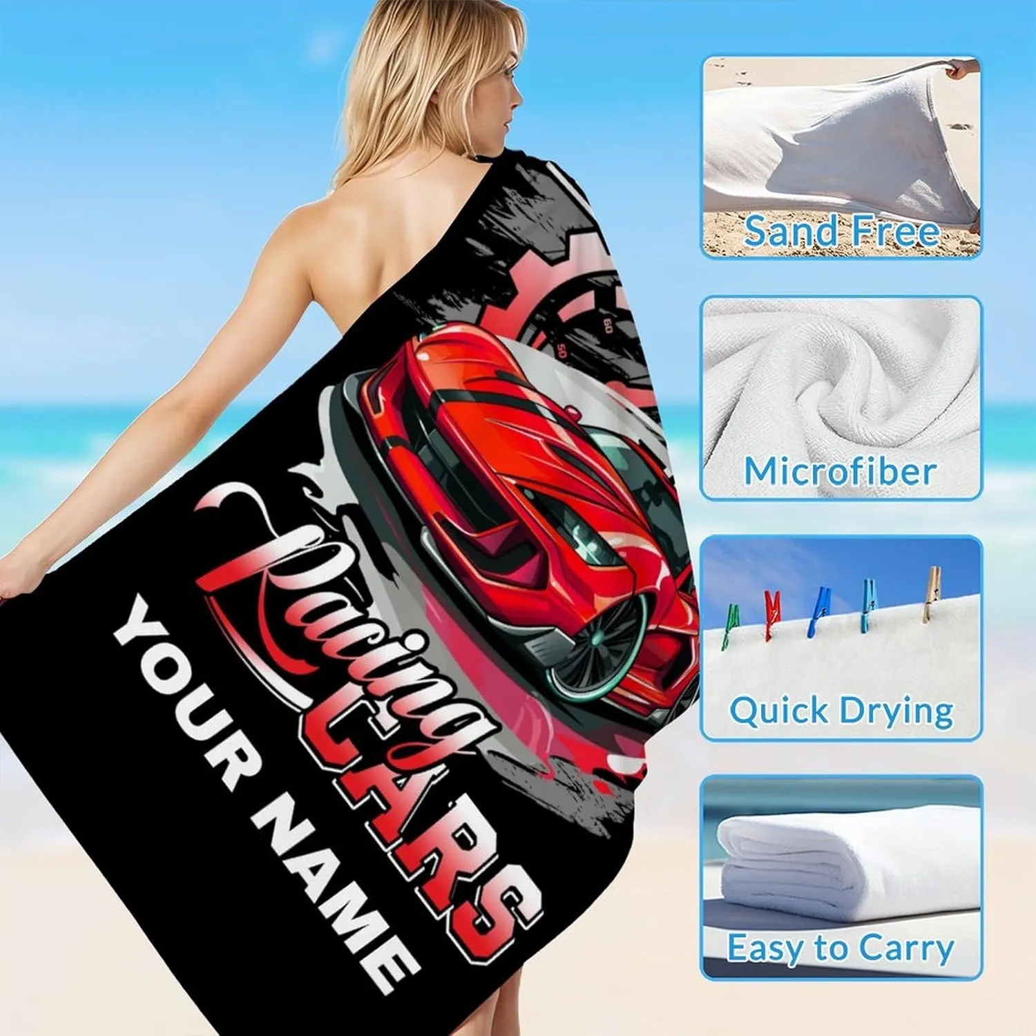 Custom Beach Towels for Kids, Personalized Lightweight Quick Dry Race Car Towels for Boys Teens, 60x30 Inch Cool Sandless Beach Essentials Gifts for Swimming, Gym, Yoga, Sports