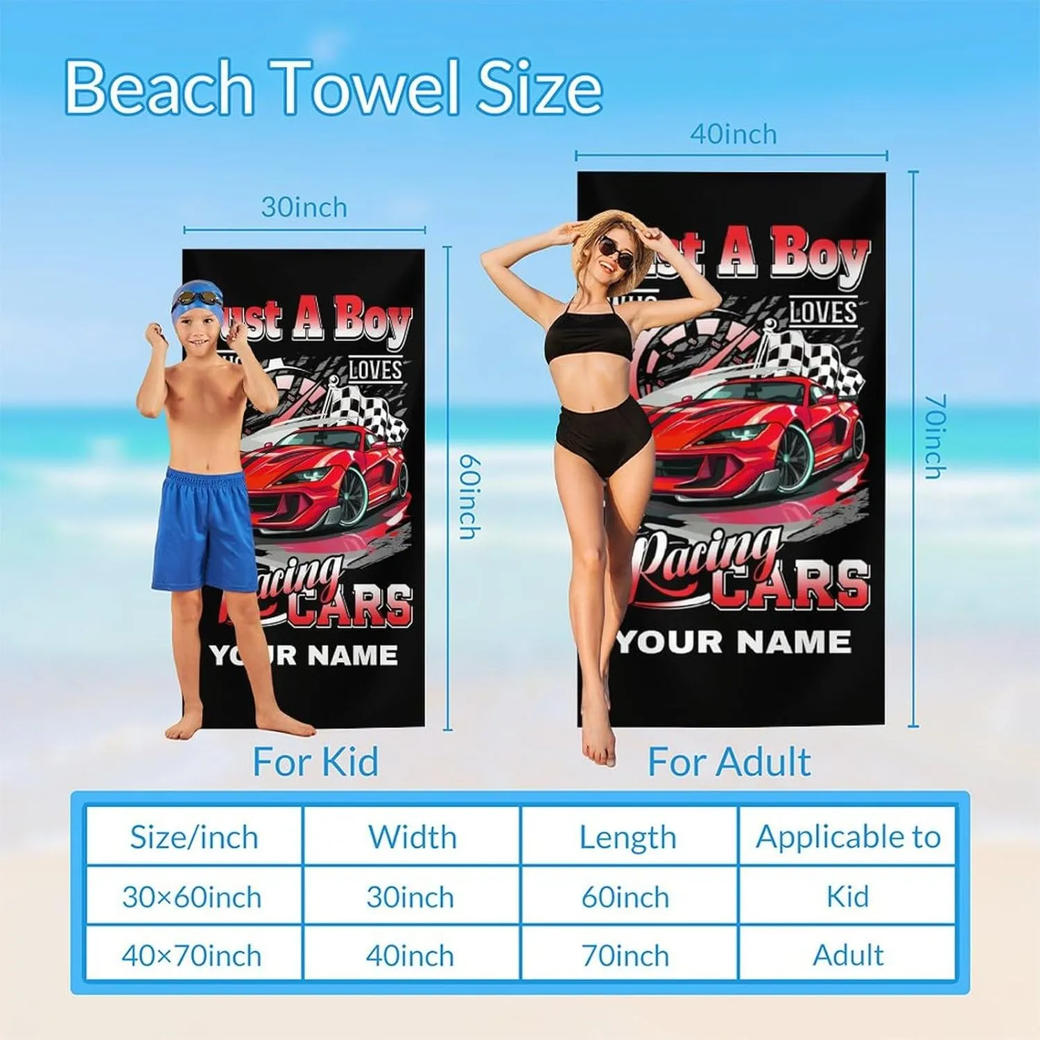 Custom Beach Towels for Kids, Personalized Lightweight Quick Dry Race Car Towels for Boys Teens, 60x30 Inch Cool Sandless Beach Essentials Gifts for Swimming, Gym, Yoga, Sports