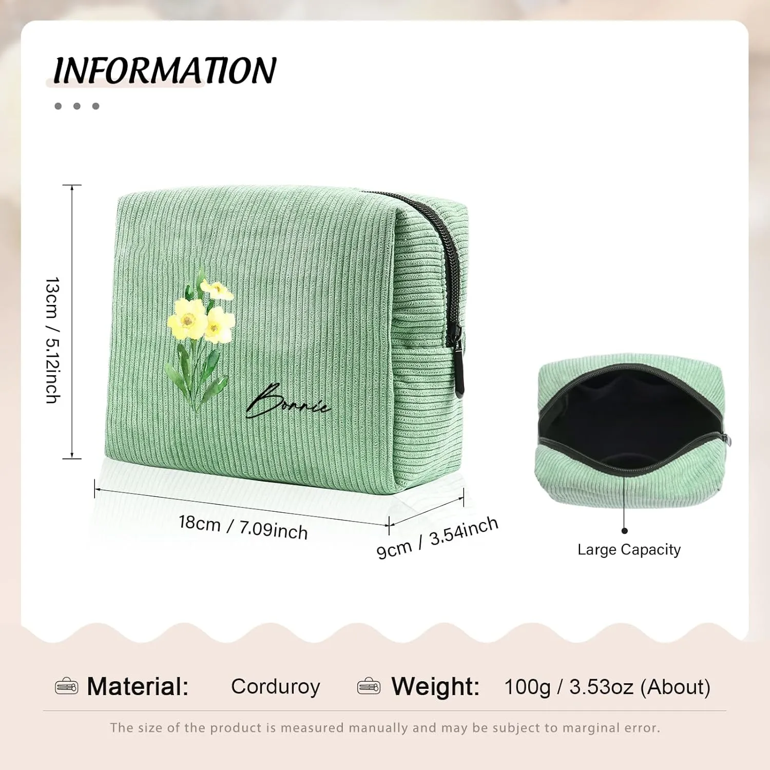 Custom Name Makeup Bags for Women Personalized Travel Cosmetic Bag with Birth Flower Portable Make Up Bags Customized Gifts for Women Mother Sister (Green)