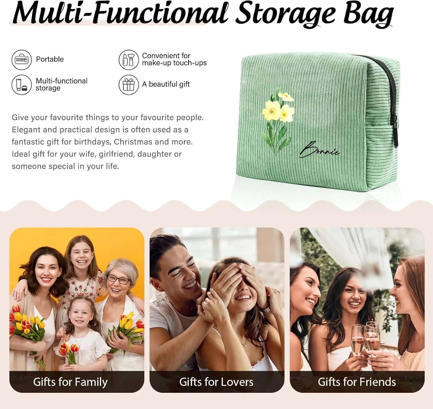 Custom Name Makeup Bags for Women Personalized Travel Cosmetic Bag with Birth Flower Portable Make Up Bags Customized Gifts for Women Mother Sister (Green)