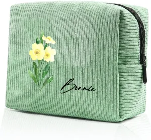 Custom Name Makeup Bags for Women Personalized Travel Cosmetic Bag with Birth Flower Portable Make Up Bags Customized Gifts for Women Mother Sister (Green)