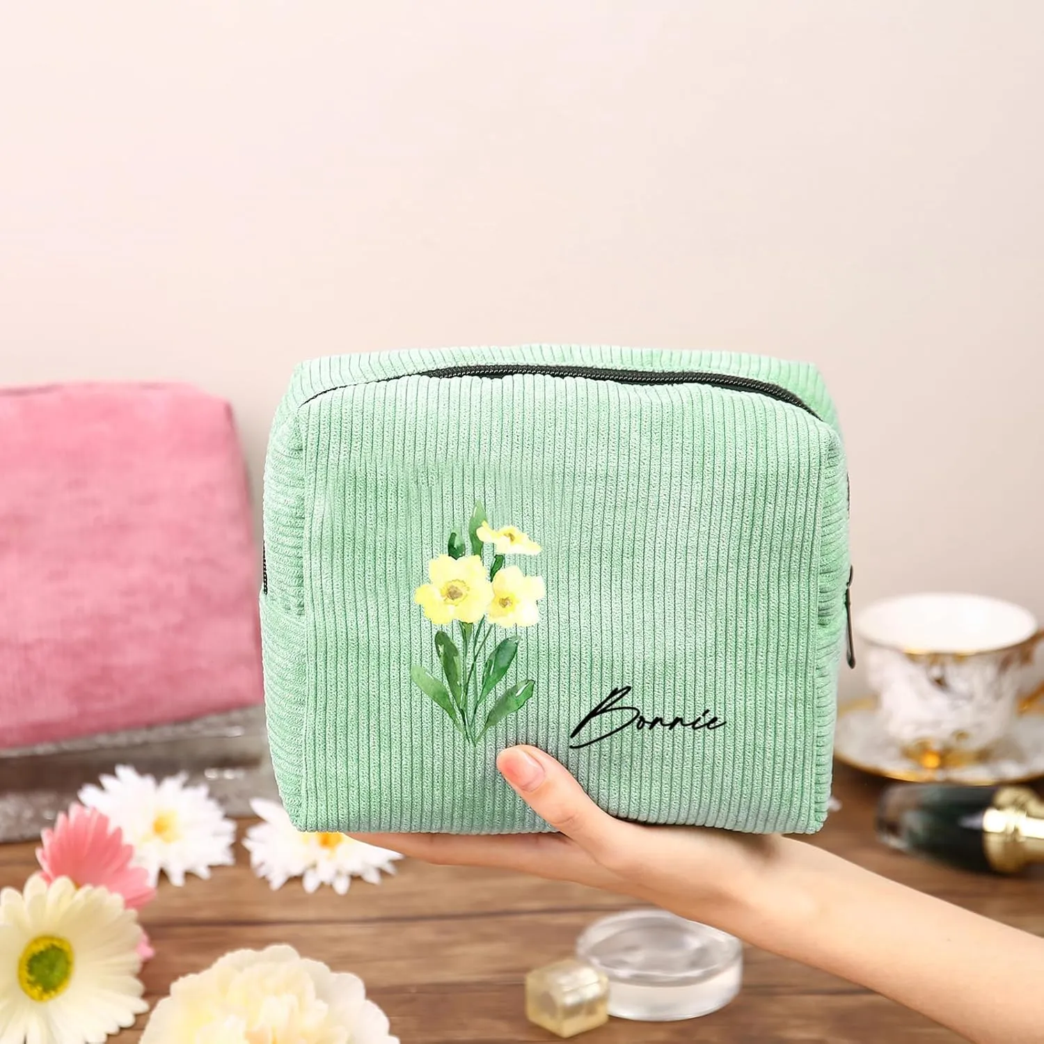Custom Name Makeup Bags for Women Personalized Travel Cosmetic Bag with Birth Flower Portable Make Up Bags Customized Gifts for Women Mother Sister (Green)