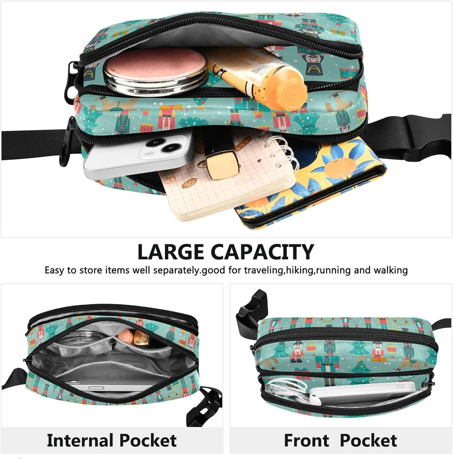 Customized Christmas Tree Nutcracker Women Fanny Pack Belt Bags Hip Pack Waterproof Cartoon Cross Body Waist Purse
