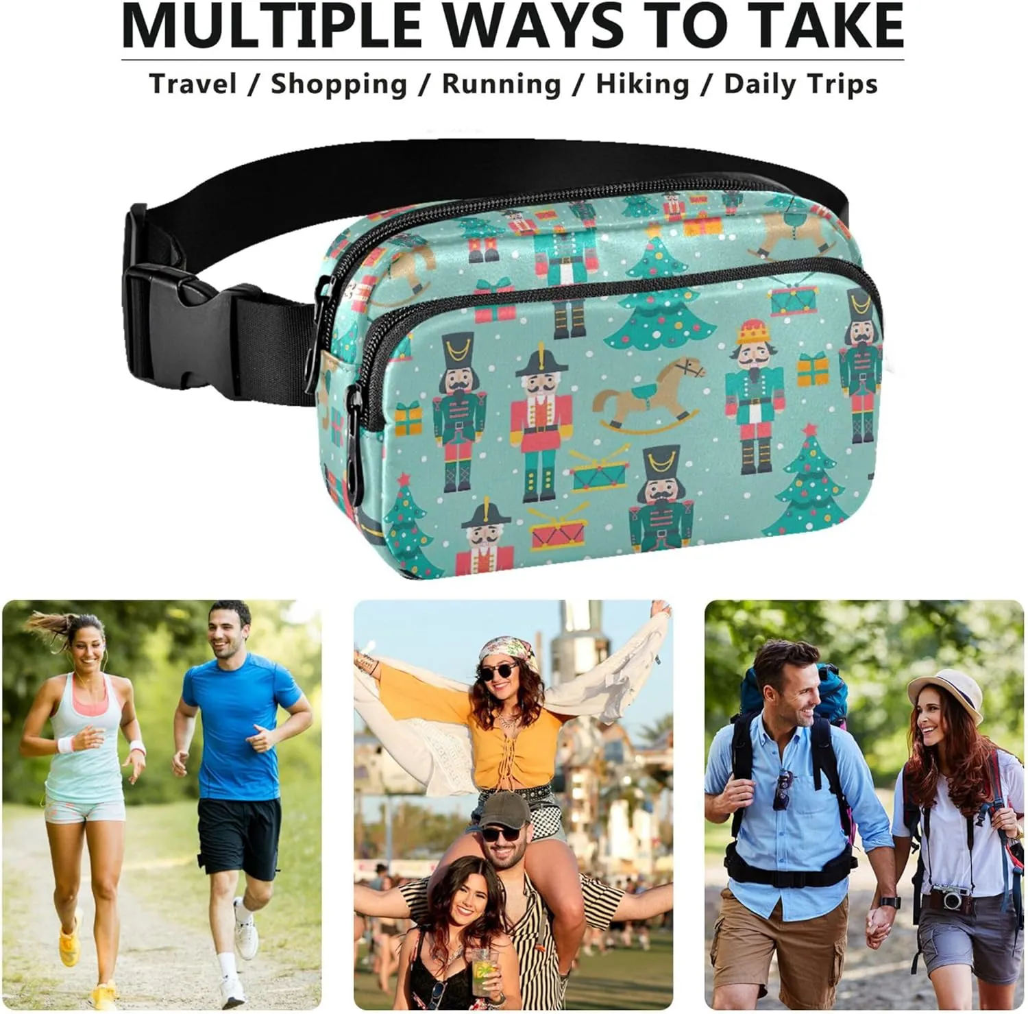 Customized Christmas Tree Nutcracker Women Fanny Pack Belt Bags Hip Pack Waterproof Cartoon Cross Body Waist Purse