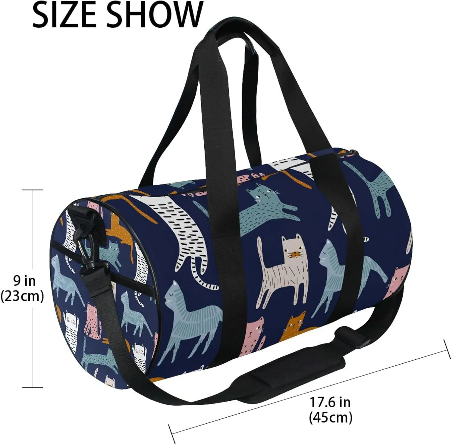 Cute Colorful Cats Creative Childish Cats on Dark Blue Portable Gym Bag, Travel Bag, Luggage bag, Sports Bag, Toiletry Bag with Handles, Detachable Shoulder Strap 17.6 x 9 x 9 inch
