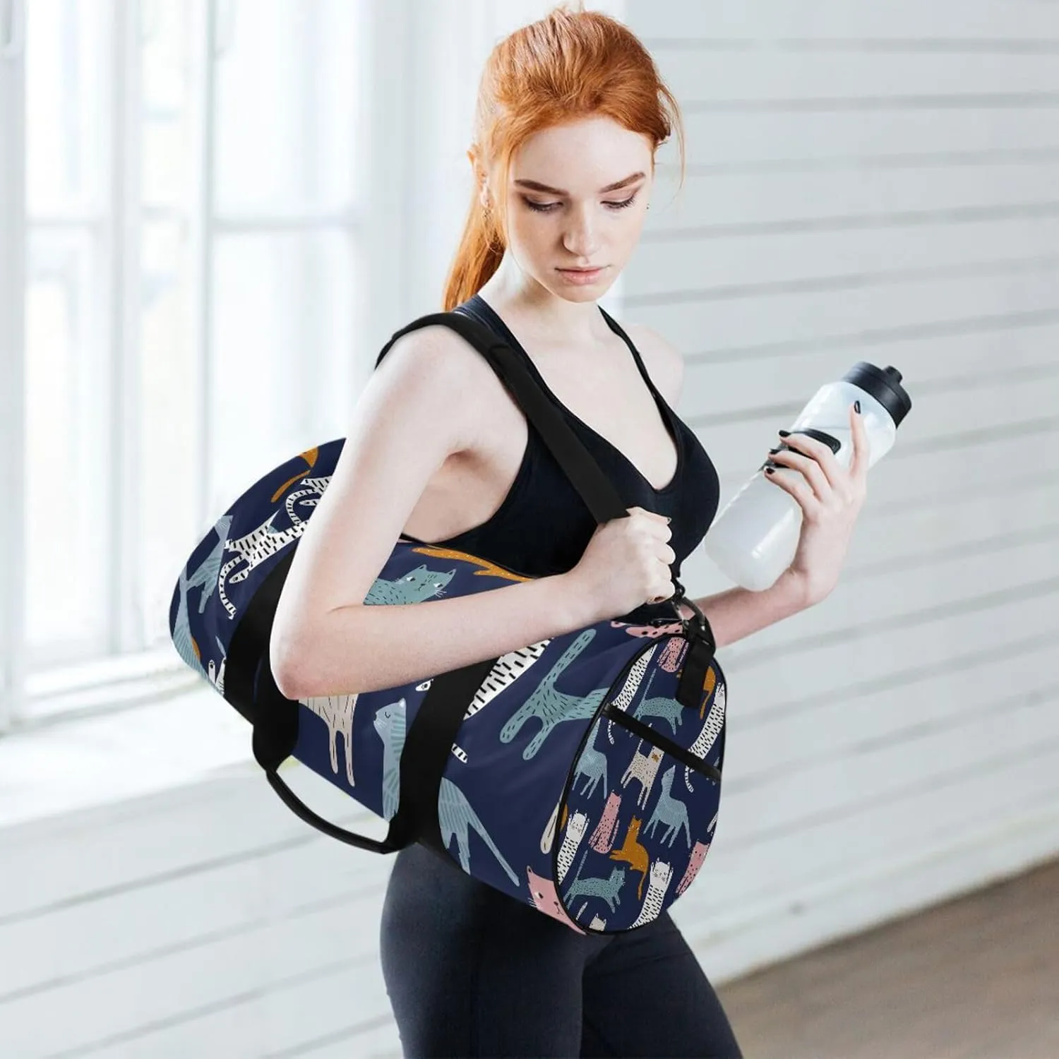 Cute Colorful Cats Creative Childish Cats on Dark Blue Portable Gym Bag, Travel Bag, Luggage bag, Sports Bag, Toiletry Bag with Handles, Detachable Shoulder Strap 17.6 x 9 x 9 inch