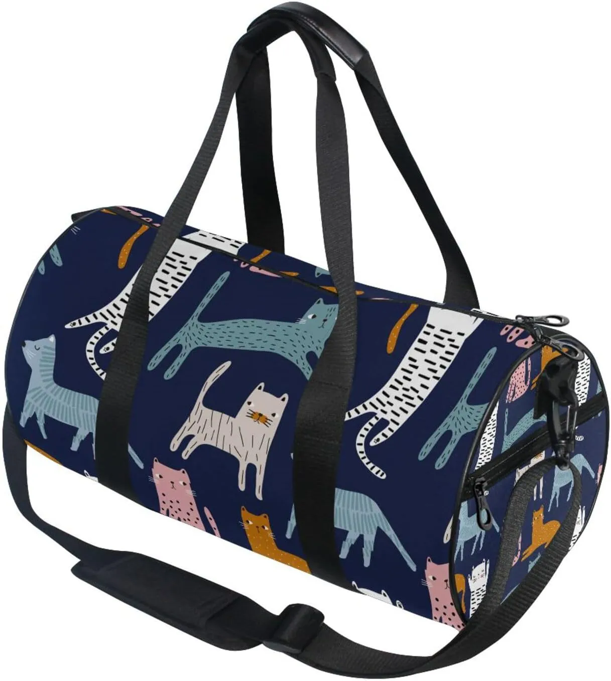 Cute Colorful Cats Creative Childish Cats on Dark Blue Portable Gym Bag, Travel Bag, Luggage bag, Sports Bag, Toiletry Bag with Handles, Detachable Shoulder Strap 17.6 x 9 x 9 inch