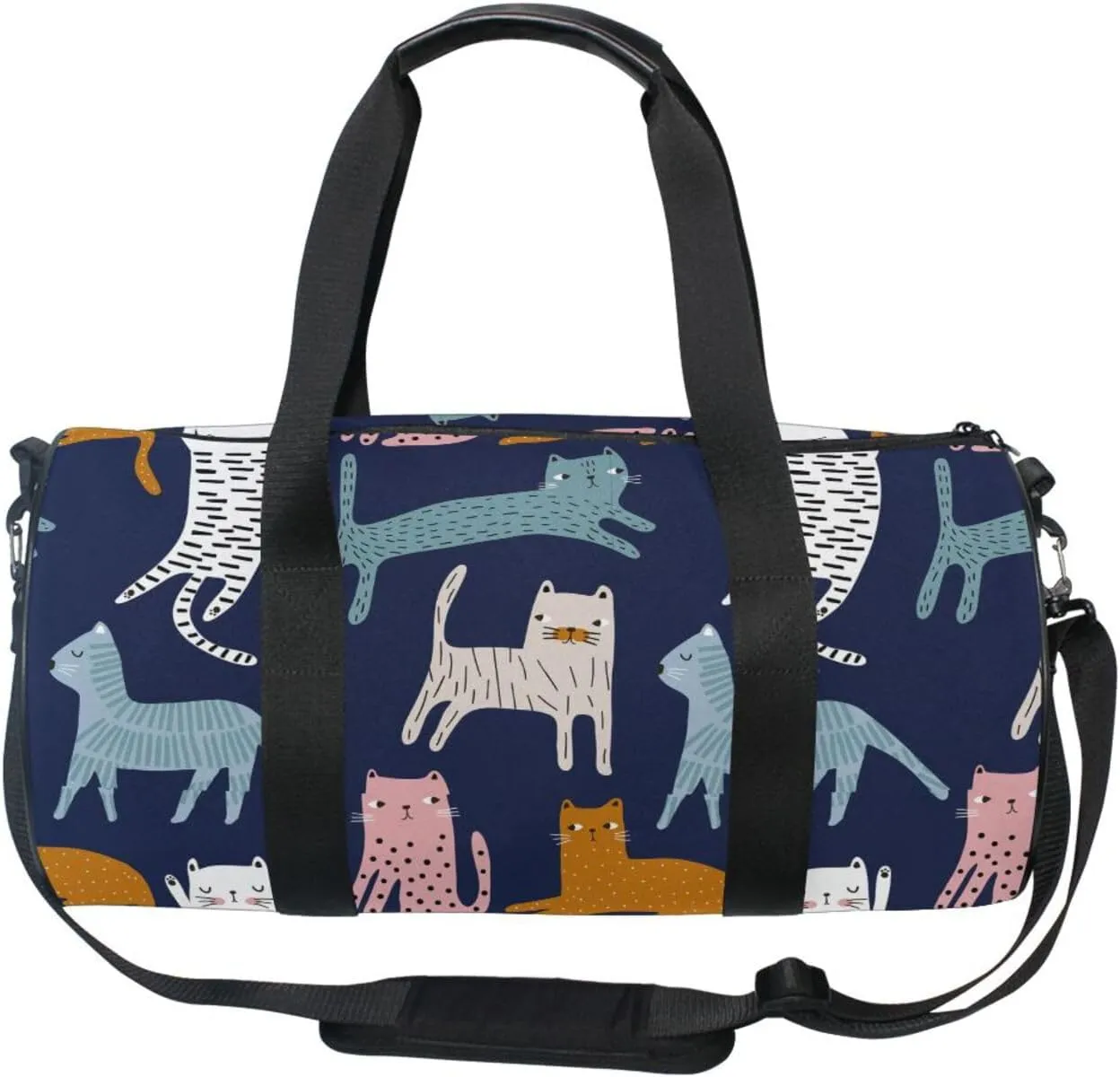 Cute Colorful Cats Creative Childish Cats on Dark Blue Portable Gym Bag, Travel Bag, Luggage bag, Sports Bag, Toiletry Bag with Handles, Detachable Shoulder Strap 17.6 x 9 x 9 inch