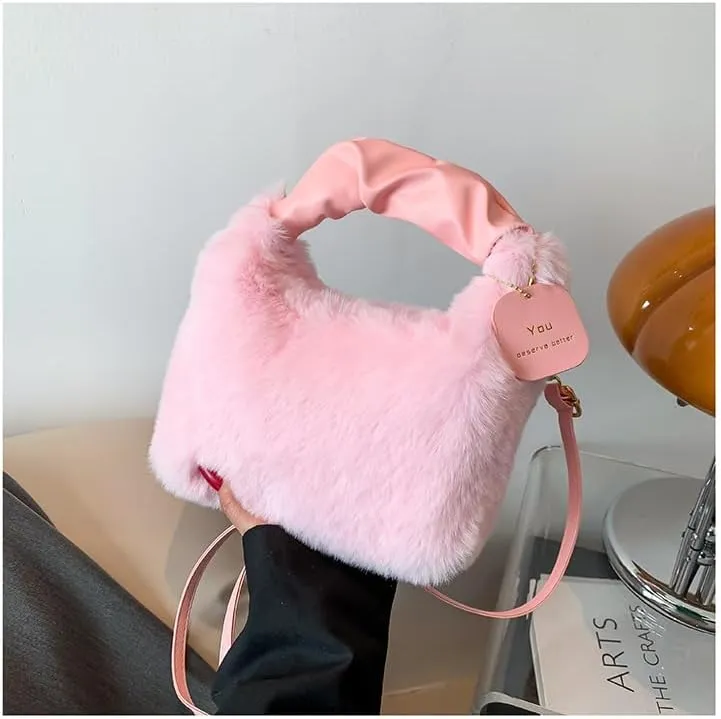 Cute Fuzzy Crossbody Purse for Women, Fluffy Top Handle Bag Shoulder Handbags Fashion Aesthetic Sling Purse Plush Bags (Pale pink)