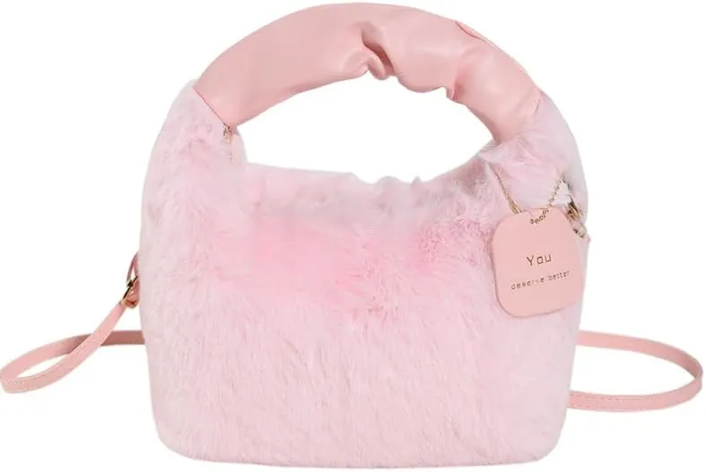 Cute Fuzzy Crossbody Purse for Women, Fluffy Top Handle Bag Shoulder Handbags Fashion Aesthetic Sling Purse Plush Bags (Pale pink)