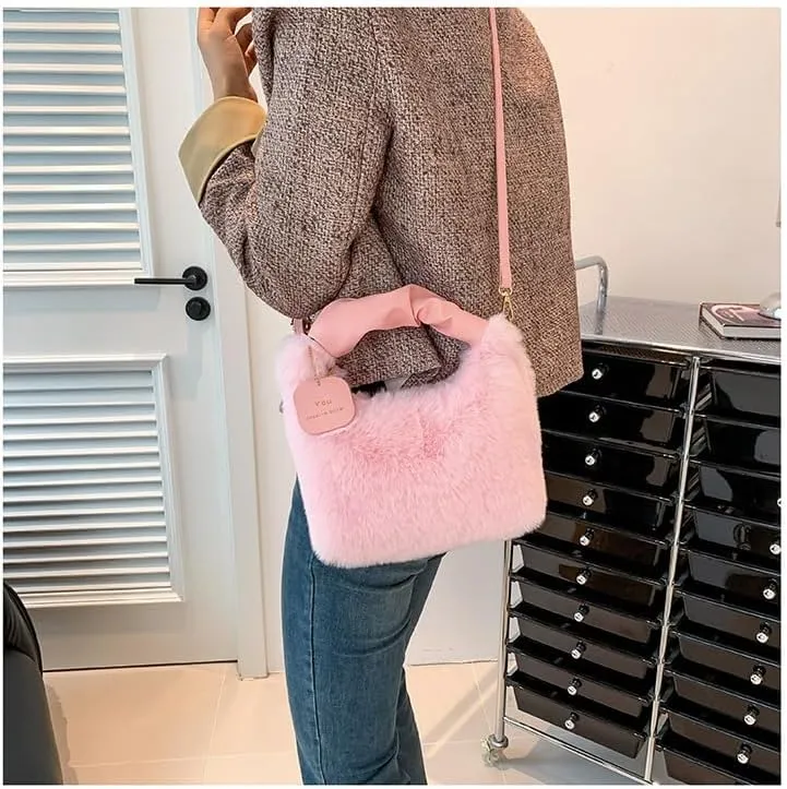 Cute Fuzzy Crossbody Purse for Women, Fluffy Top Handle Bag Shoulder Handbags Fashion Aesthetic Sling Purse Plush Bags (Pale pink)
