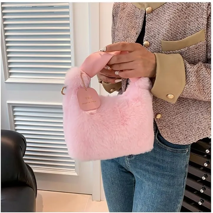 Cute Fuzzy Crossbody Purse for Women, Fluffy Top Handle Bag Shoulder Handbags Fashion Aesthetic Sling Purse Plush Bags (Pale pink)