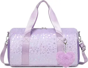Dance Bags for Little Girls, Purple Soft Plush with Plush Pendant Ballet Bag Gymnastics Sport Bag Overnight Travel Sleepover Bags with Wet and Dry for Kids Girls