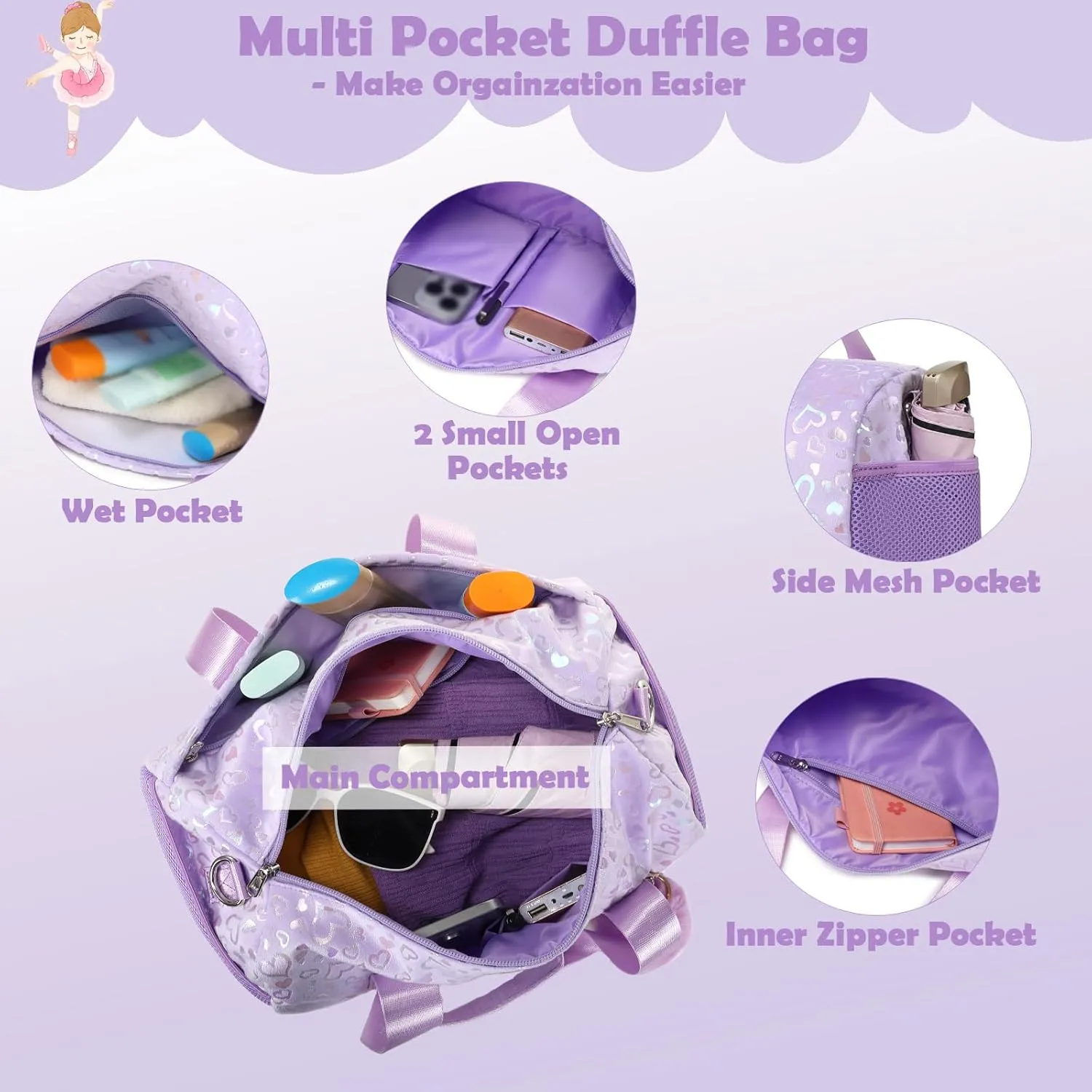 Dance Bags for Little Girls, Purple Soft Plush with Plush Pendant Ballet Bag Gymnastics Sport Bag Overnight Travel Sleepover Bags with Wet and Dry for Kids Girls