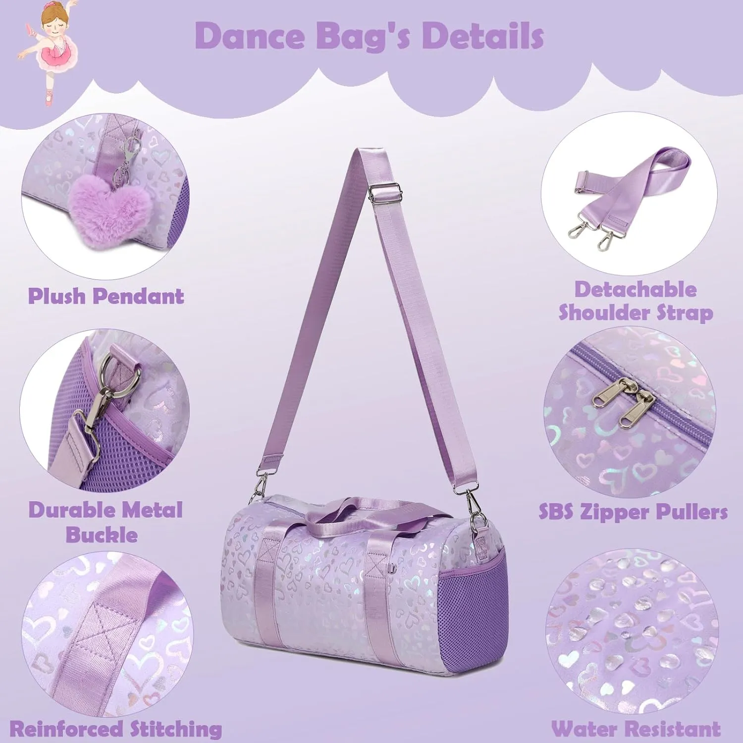 Dance Bags for Little Girls, Purple Soft Plush with Plush Pendant Ballet Bag Gymnastics Sport Bag Overnight Travel Sleepover Bags with Wet and Dry for Kids Girls