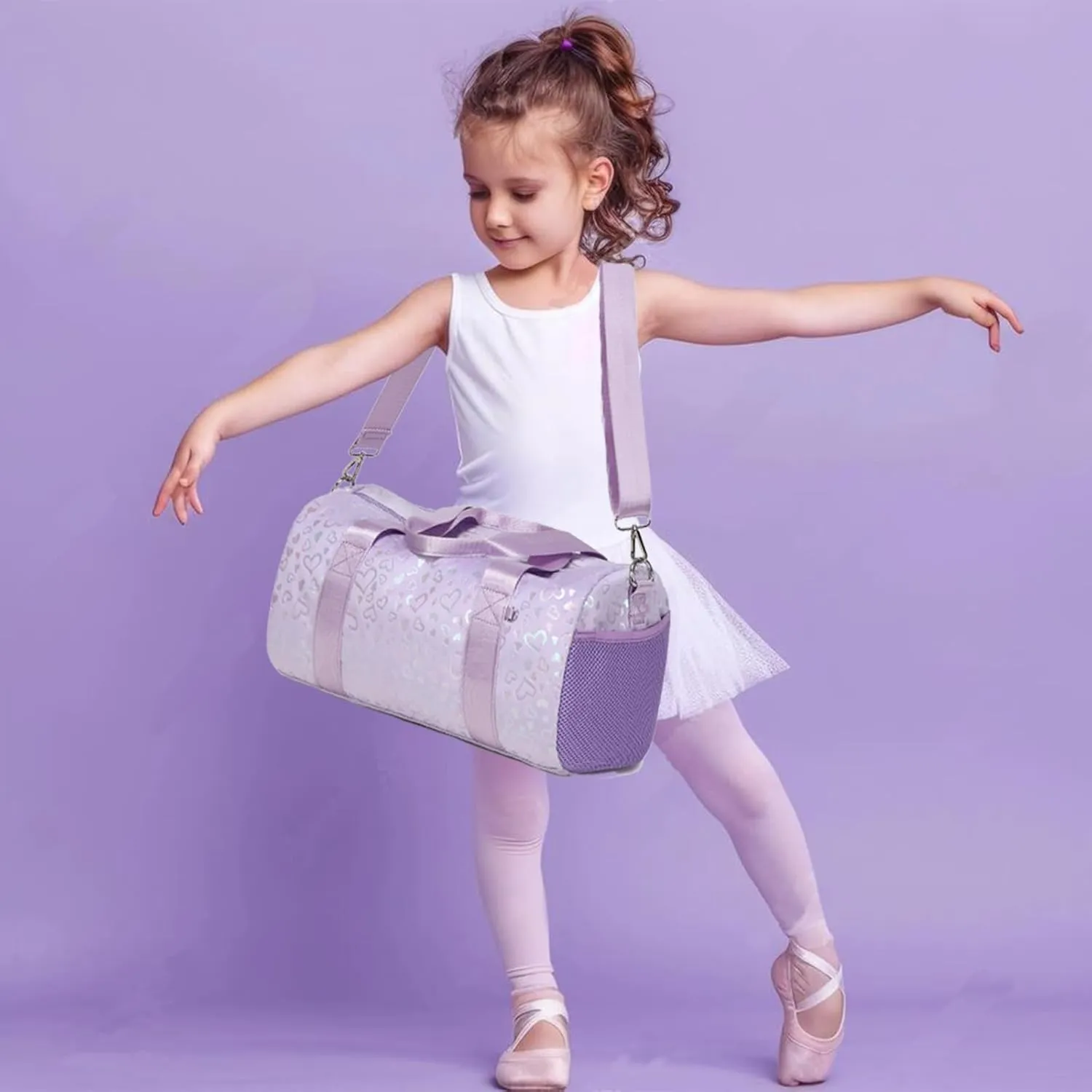 Dance Bags for Little Girls, Purple Soft Plush with Plush Pendant Ballet Bag Gymnastics Sport Bag Overnight Travel Sleepover Bags with Wet and Dry for Kids Girls