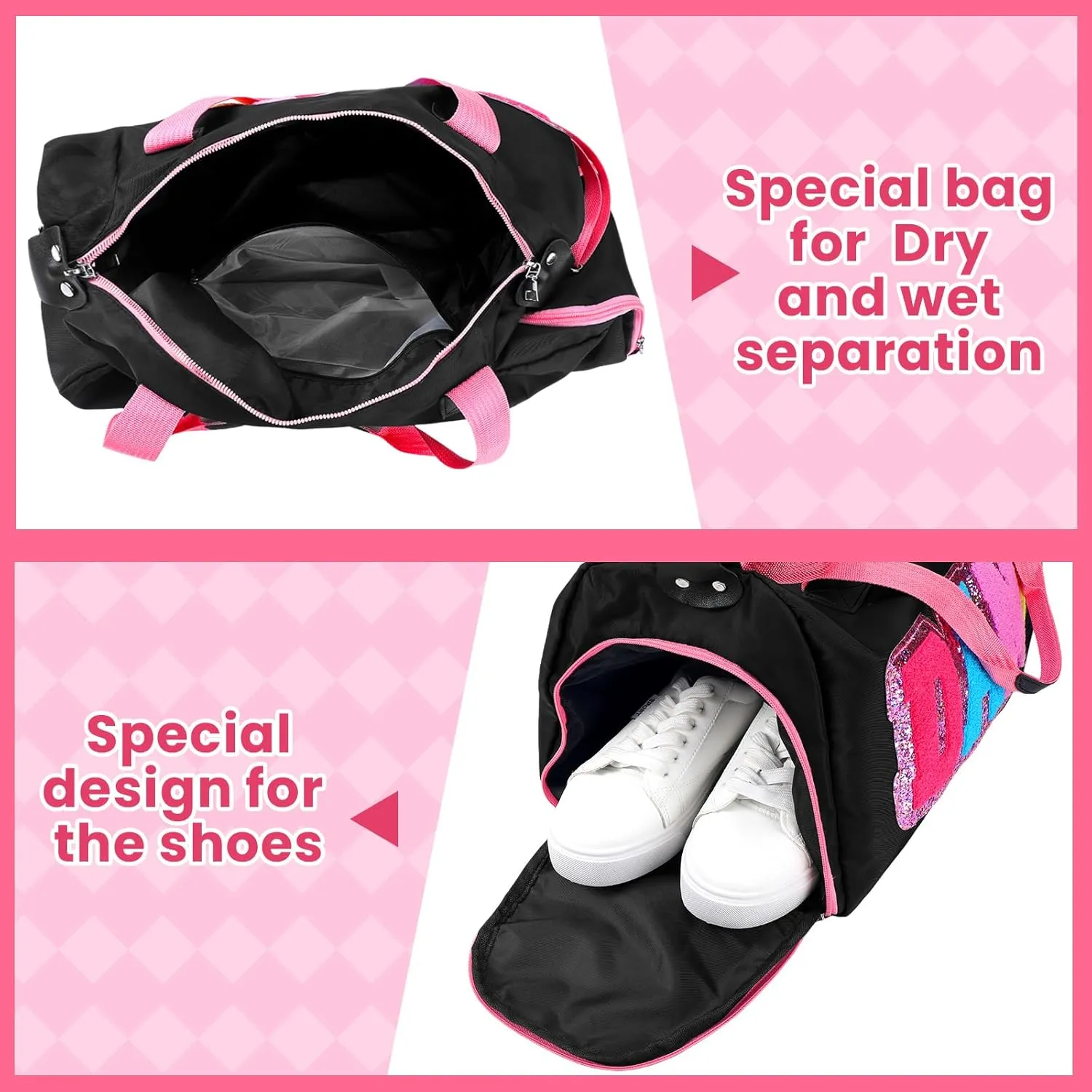Dance Duffle Bag for women Bag with Adjustable Carry Strap and Handy Pouch Dance Backpack for Dancers(Black)