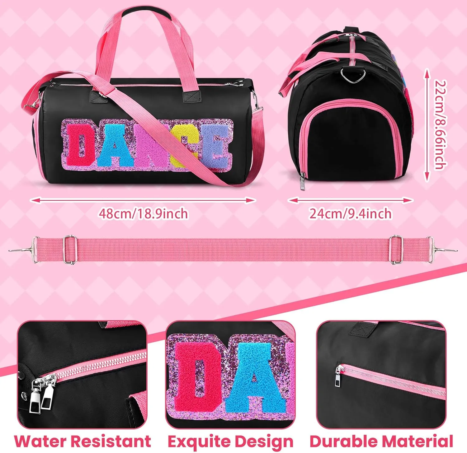 Dance Duffle Bag for women Bag with Adjustable Carry Strap and Handy Pouch Dance Backpack for Dancers(Black)