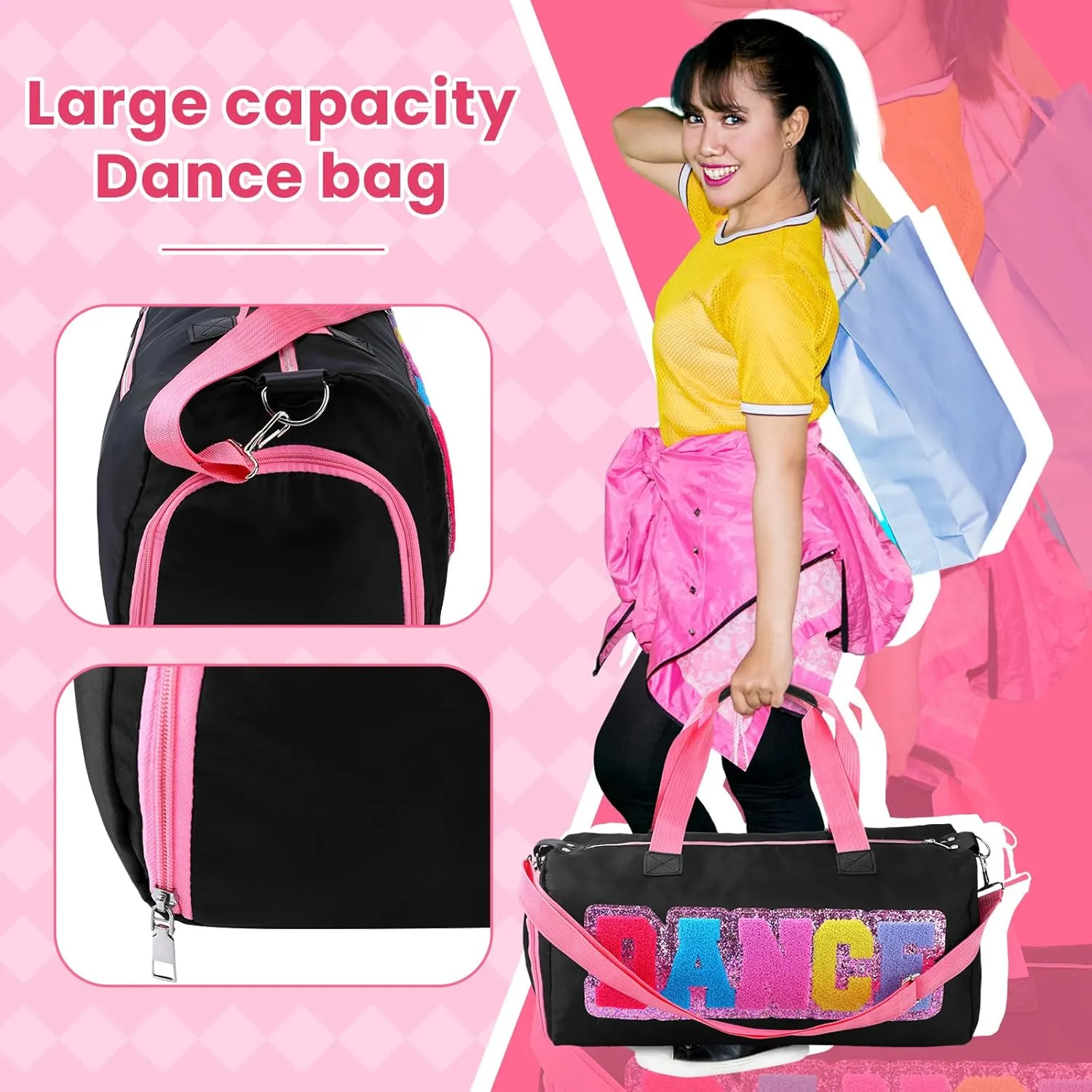 Dance Duffle Bag for women Bag with Adjustable Carry Strap and Handy Pouch Dance Backpack for Dancers(Black)