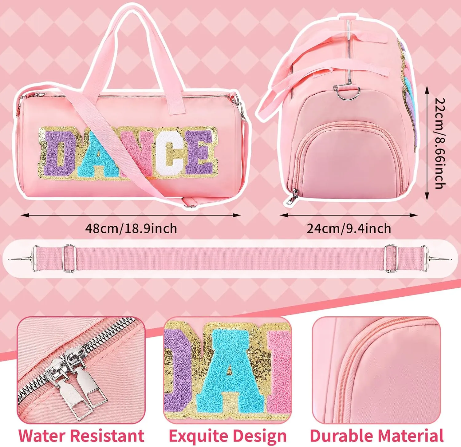 Dance Duffle Bag for women Bag with Adjustable Carry Strap and Handy Pouch Dance Backpack for Dancers(Pink)