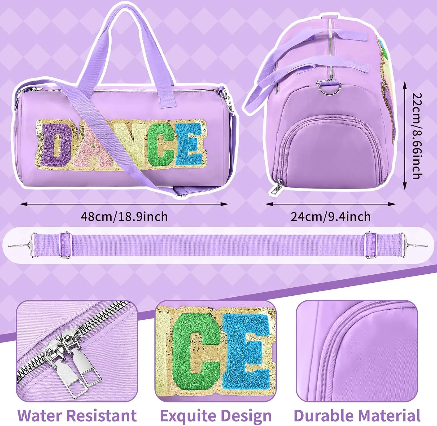 Dance Duffle Bag for women Bag with Adjustable Carry Strap and Handy Pouch Dance Backpack for Dancers(Purple)