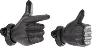 Danya B. "Thumbs up & Pointing Finger" Dark Brown Cast Iron Wall Mount Hook Set (Set of 2), Entryway Hooks or Unique Room Decor for Hanging Coats, Purses, Scarves, or Keys