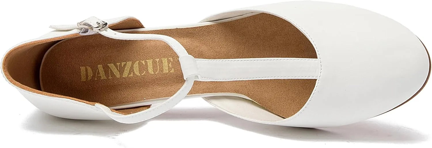 Danzcue T-Strap Character Dance Shoes for Women Big Kid, Ballroom Dance Shoes, 3 Inch / 2.3 Inch Heel,