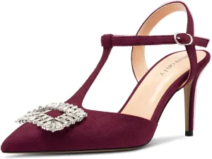 DearOnly Womens Mid Stiletto Heel Pointed Toe T-Strap Pumps Cute Rhinestone Crystal Buckle Prom Party Shoes 3.2 Inches Heels