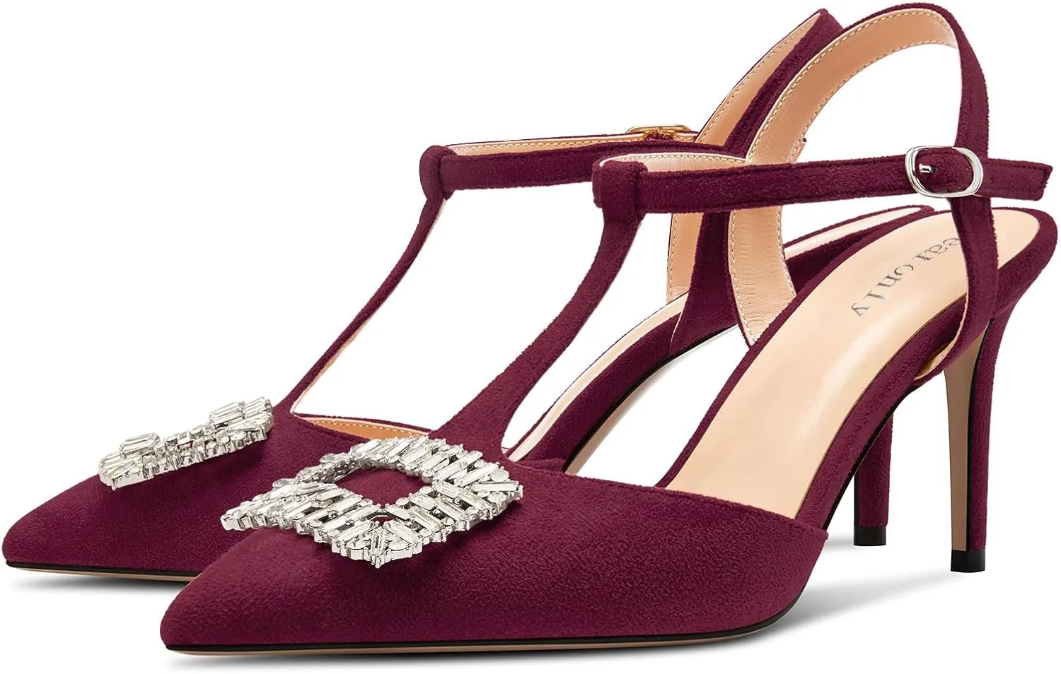 DearOnly Womens Mid Stiletto Heel Pointed Toe T-Strap Pumps Cute Rhinestone Crystal Buckle Prom Party Shoes 3.2 Inches Heels