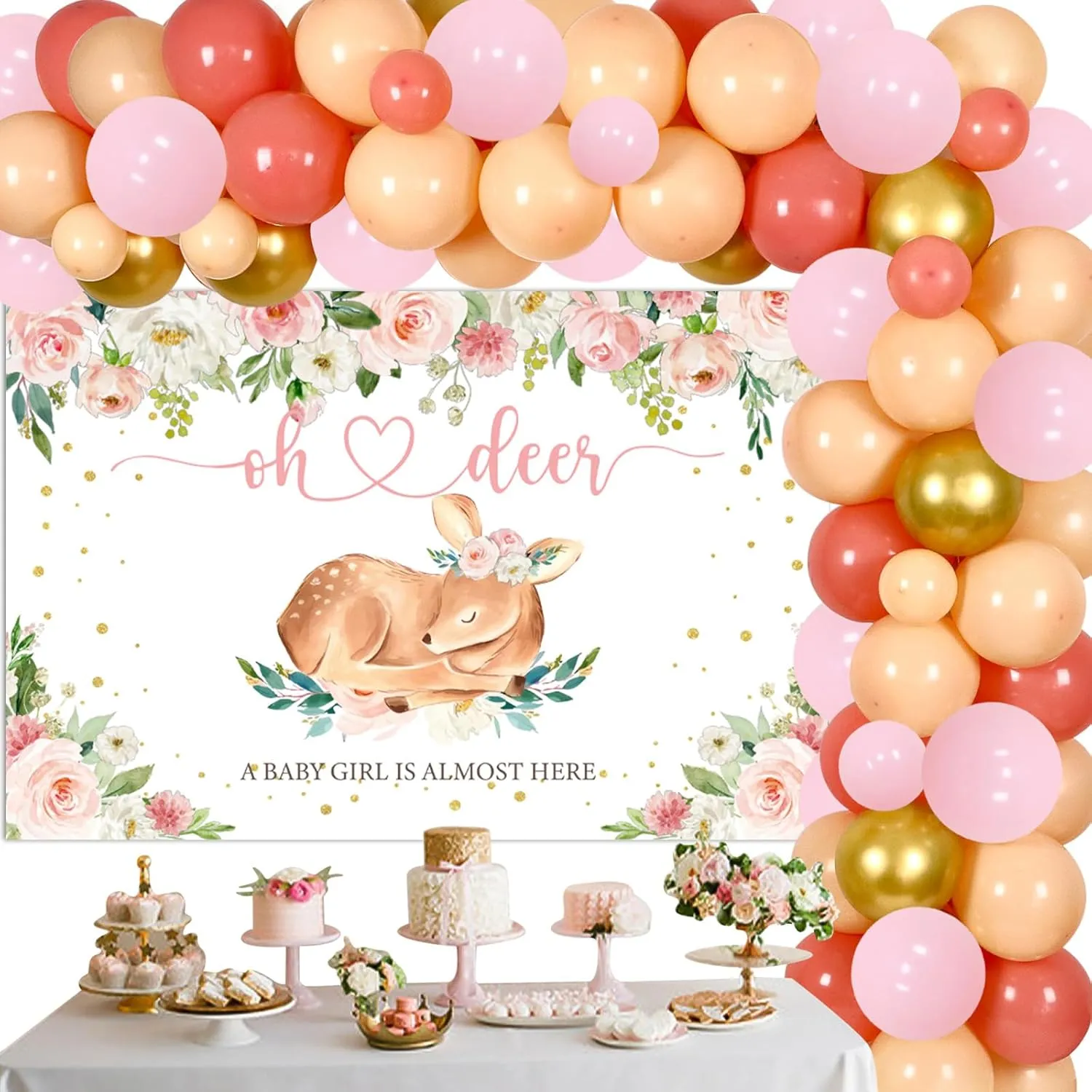 Deer Baby Shower Decorations for Girl Oh Deer Balloon Garland Arch Kit with Backdrop Pink for Fawn Doe Woodland Animal Baby Shower Party Supplies