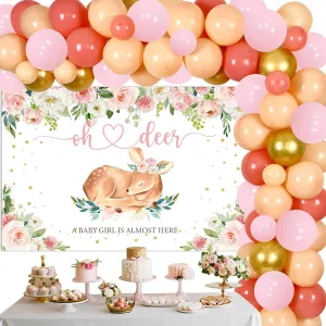 Deer Baby Shower Decorations for Girl Oh Deer Balloon Garland Arch Kit with Backdrop Pink for Fawn Doe Woodland Animal Baby Shower Party Supplies