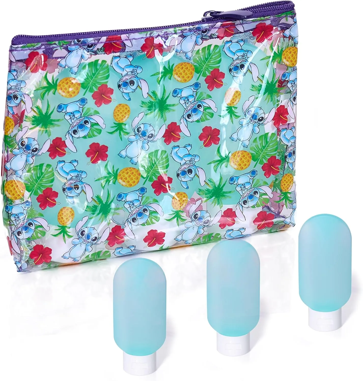 Disney Stitch Travel Bag and Bottle Set Official License, Clear Toiletry Bag with Three 3 oz Squeeze Bottles, Travel