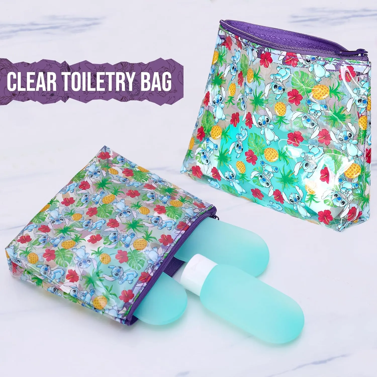 Disney Stitch Travel Bag and Bottle Set Official License, Clear Toiletry Bag with Three 3 oz Squeeze Bottles, Travel