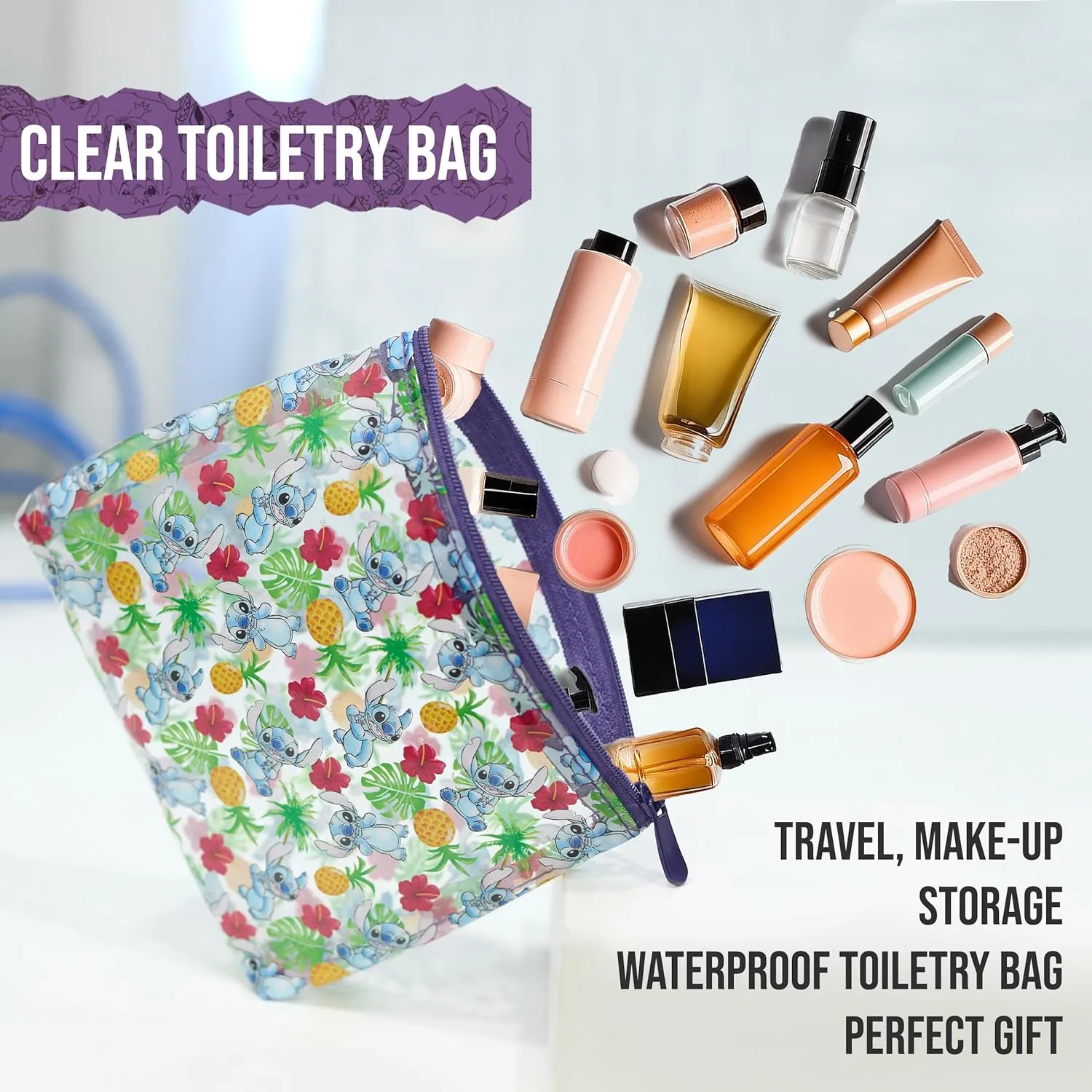 Disney Stitch Travel Bag and Bottle Set Official License, Clear Toiletry Bag with Three 3 oz Squeeze Bottles, Travel