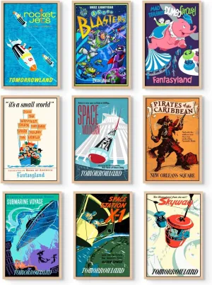 Disneyland posters - Vintage Disney Posters, Disney Gifts for Adults, Disneyland Decorations, Retro Collectable Memorabilia, Nostalgic Amusement Park Prints - Unframed Reproduction Set of 9 (11x17")