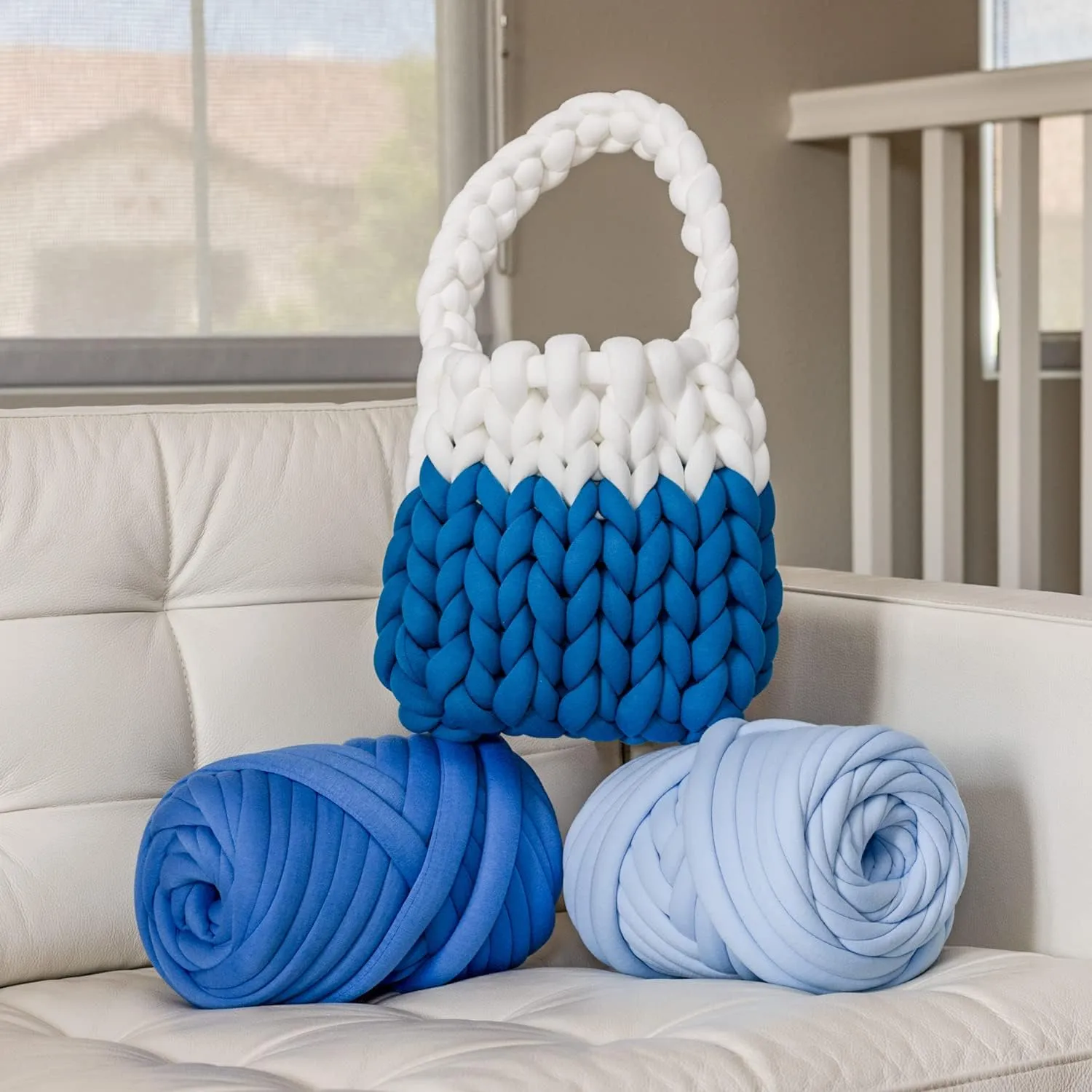 DIY, 2.2 LBS of Soft Polyester Bulky Yarn for Hand Knitting Blanket, Pillow, Handbag, Blue, 41.5 Yards, Arm Knitting Yarn for Chunky Braided Knot Throw Blanket, Weave Craft Crochet