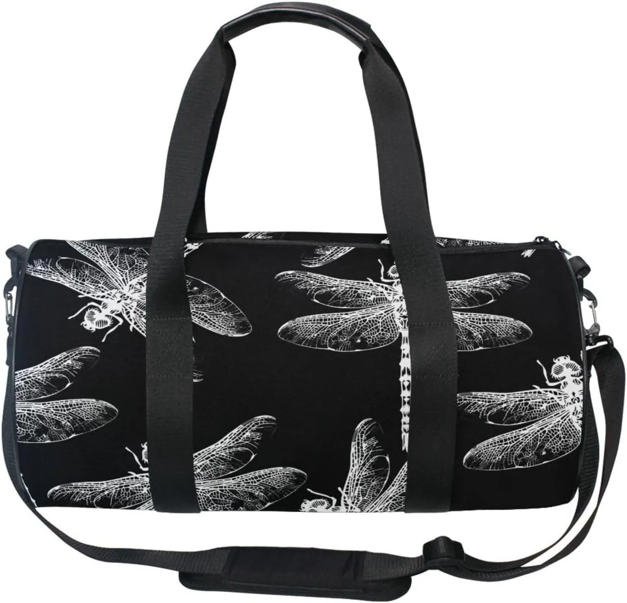 Dragonfly Black White Portable Gym Bag, Travel Bag, Luggage bag, Sports Bag, Toiletry Bag with Handles, Detachable Shoulder Strap 17.6 x 9 x 9 inch