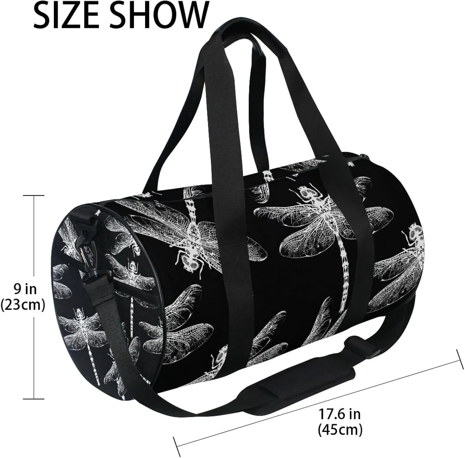 Dragonfly Black White Portable Gym Bag, Travel Bag, Luggage bag, Sports Bag, Toiletry Bag with Handles, Detachable Shoulder Strap 17.6 x 9 x 9 inch