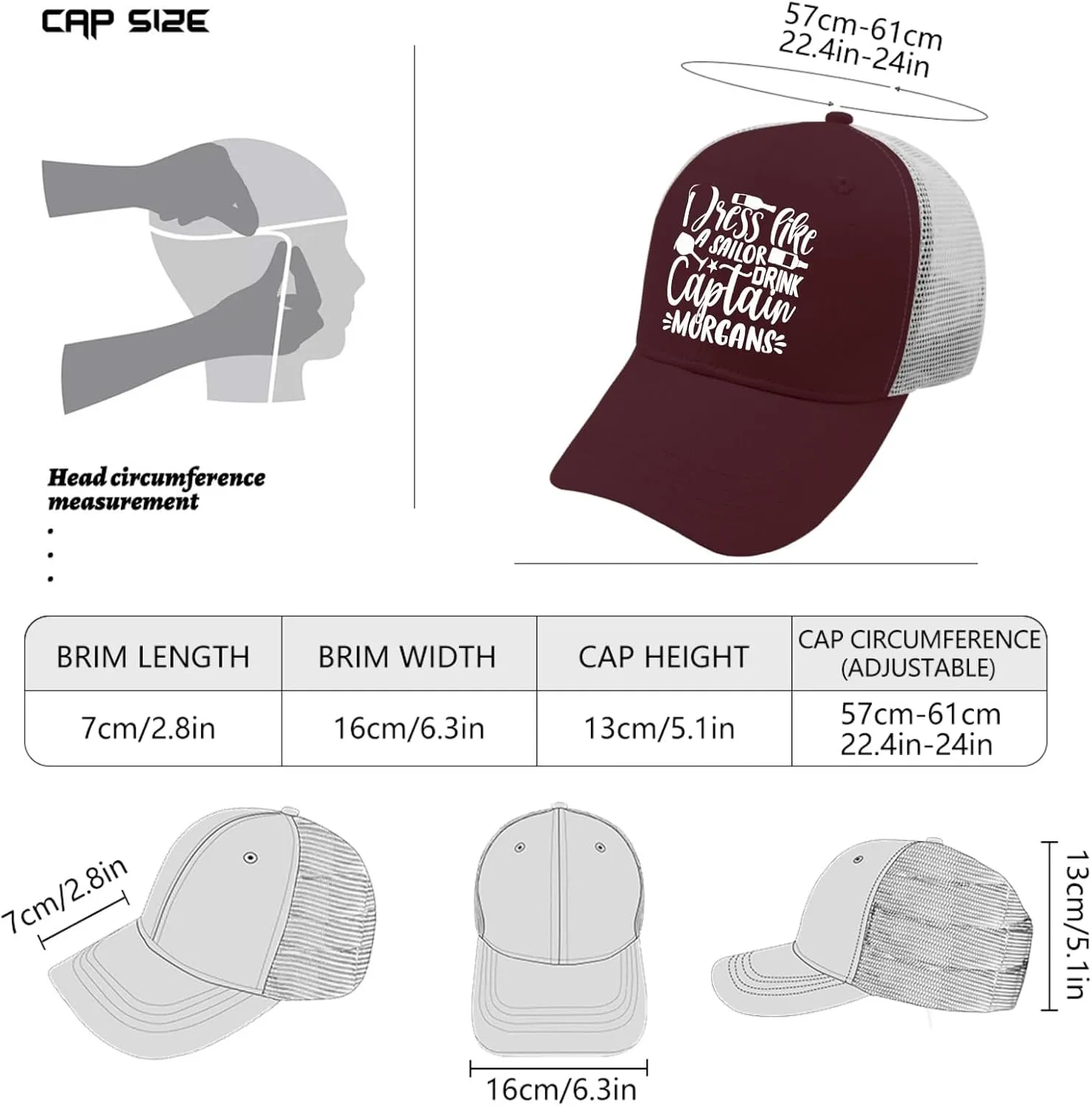 Dress Like A Sailor Drink Captain Morgans Hat Sports Hat Trucker Hats Women Gifts for Girlfriends Beach Hat
