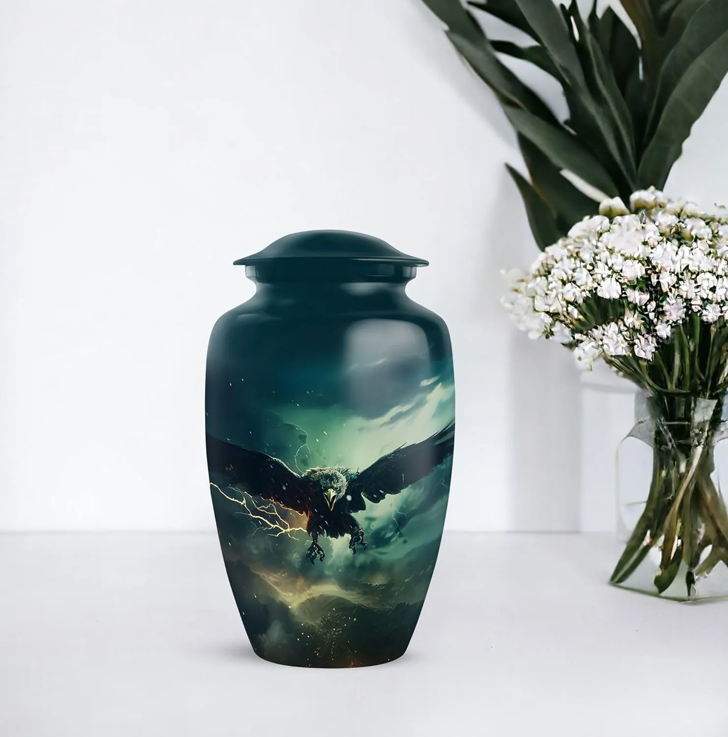 Eagle in Thundercloud Sky - Eagle Urns for Human Ashes Adult - 10 Inch, Extra Large Urns - Cremation Urn for Mom & Dad - Urn for Ashes for Women - Mom Memorial Ash Holder (Include Velvet Bag)