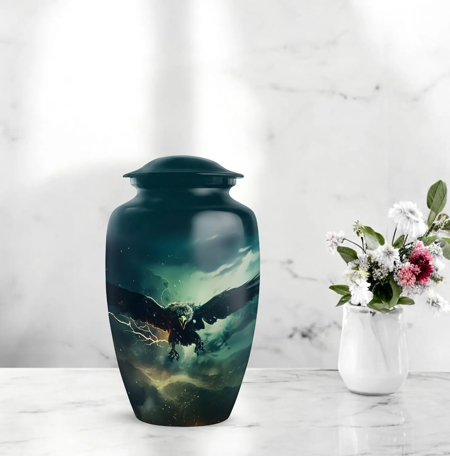 Eagle in Thundercloud Sky - Eagle Urns for Human Ashes Adult - 10 Inch, Extra Large Urns - Cremation Urn for Mom & Dad - Urn for Ashes for Women - Mom Memorial Ash Holder (Include Velvet Bag)
